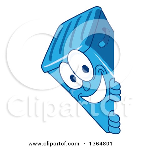 Clipart of a Cartoon Blue Rolling Trash Can Bin Mascot Smiling Around a Sign - Royalty Free Vector Illustration by Mascot Junction