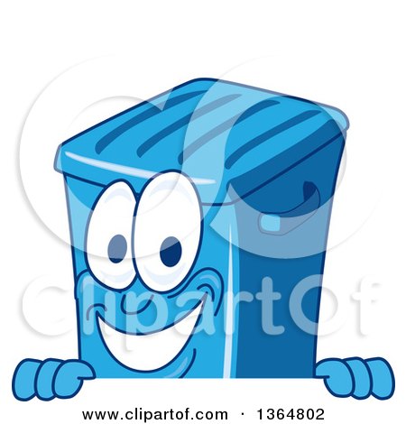 Clipart of a Cartoon Blue Rolling Trash Can Bin Mascot Smiling over a Sign - Royalty Free Vector Illustration by Mascot Junction