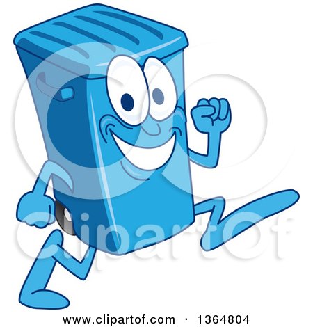 Clipart of a Cartoon Blue Rolling Trash Can Bin Mascot Running - Royalty Free Vector Illustration by Mascot Junction