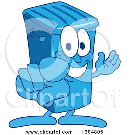 Clipart of a Cartoon Blue Rolling Trash Can Bin Mascot Presenting and Pointing Outwards - Royalty Free Vector Illustration by Mascot Junction