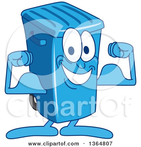 Clipart of a Cartoon Blue Rolling Trash Can Bin Mascot Flexing - Royalty Free Vector Illustration by Mascot Junction