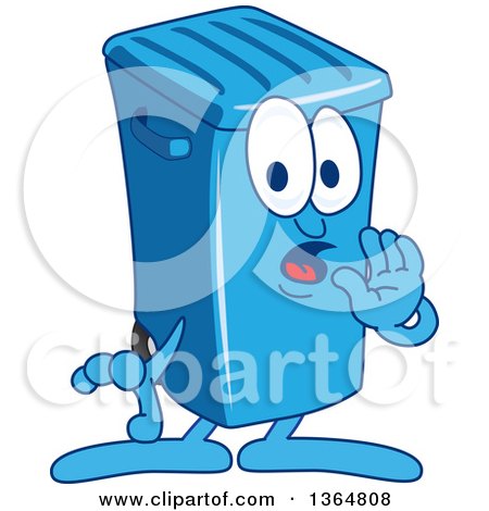 Clipart of a Cartoon Blue Rolling Trash Can Bin Mascot Whispering - Royalty Free Vector Illustration by Mascot Junction