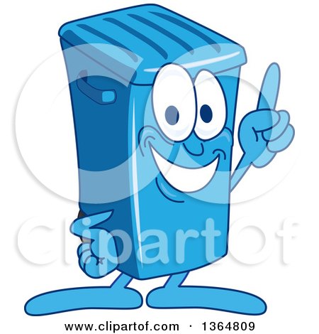 Clipart of a Cartoon Blue Rolling Trash Can Bin Mascot Holding up a Finger - Royalty Free Vector Illustration by Mascot Junction