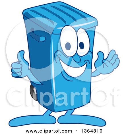 Clipart of a Cartoon Blue Rolling Trash Can Bin Mascot Presenting and Giving a Thumb up - Royalty Free Vector Illustration by Mascot Junction