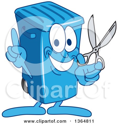 Clipart of a Cartoon Blue Rolling Trash Can Bin Mascot Holding up a Finger and Scissors - Royalty Free Vector Illustration by Mascot Junction