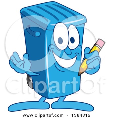 Clipart of a Cartoon Blue Rolling Trash Can Bin Mascot Holding a Pencil - Royalty Free Vector Illustration by Mascot Junction