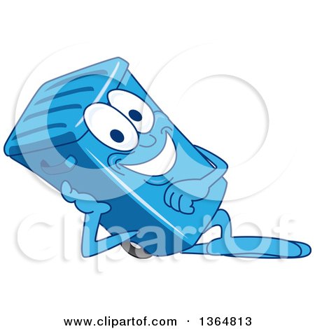 Clipart of a Cartoon Blue Rolling Trash Can Bin Mascot Resting on His Side - Royalty Free Vector Illustration by Mascot Junction