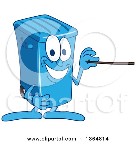 Clipart of a Cartoon Blue Rolling Trash Can Bin Mascot Using a Pointer Stick - Royalty Free Vector Illustration by Mascot Junction