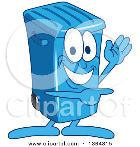 Clipart of a Cartoon Blue Rolling Trash Can Bin Mascot Waving and Pointing - Royalty Free Vector Illustration by Mascot Junction