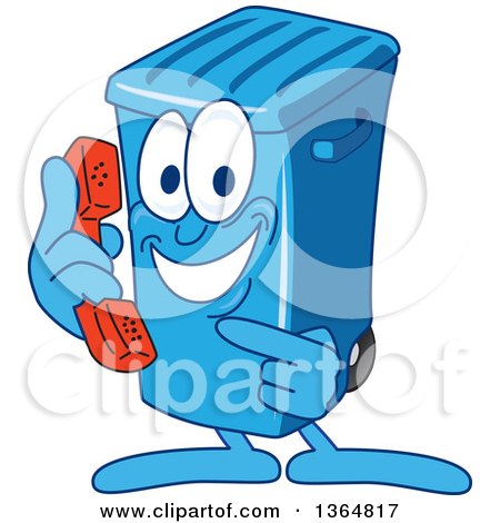 Clipart of a Cartoon Blue Rolling Trash Can Bin Mascot Holding and Pointing to a Telephone - Royalty Free Vector Illustration by Mascot Junction