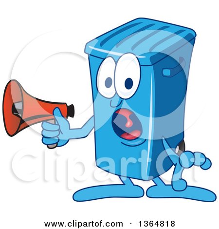 Clipart of a Cartoon Blue Rolling Trash Can Bin Mascot Shouting into a Megaphone - Royalty Free Vector Illustration by Mascot Junction