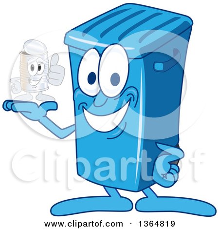Clipart of a Cartoon Blue Rolling Trash Can Bin Mascot Holding a Can - Royalty Free Vector Illustration by Mascot Junction