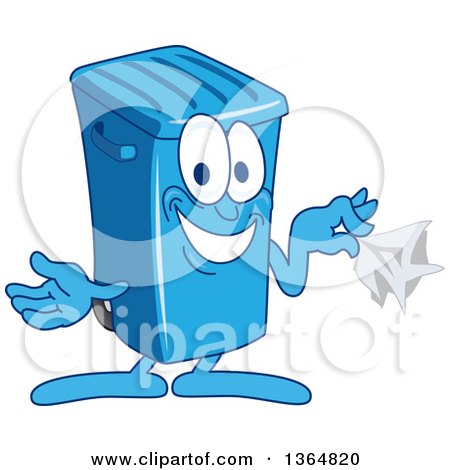 Clipart of a Cartoon Blue Rolling Trash Can Bin Mascot Holding a Napkin - Royalty Free Vector Illustration by Mascot Junction