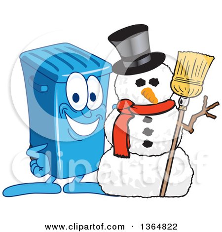Clipart of a Cartoon Blue Rolling Trash Can Bin Mascot with a Christmas Snowman - Royalty Free Vector Illustration by Mascot Junction