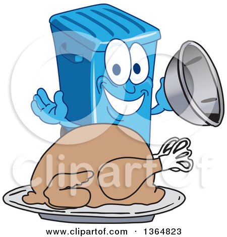 Clipart of a Cartoon Blue Rolling Trash Can Bin Mascot Serving a Roasted Thanksgiving Turkey - Royalty Free Vector Illustration by Mascot Junction