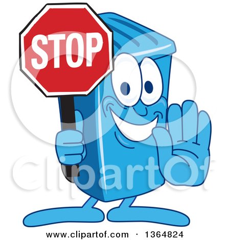 Clipart of a Cartoon Blue Rolling Trash Can Bin Mascot Gesturing and Holding a Stop Sign - Royalty Free Vector Illustration by Mascot Junction