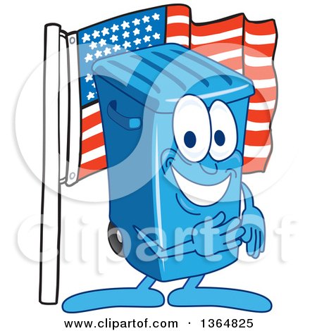 Clipart of a Cartoon Blue Rolling Trash Can Bin Mascot Pledging Allegiance to the American Flag - Royalty Free Vector Illustration by Mascot Junction