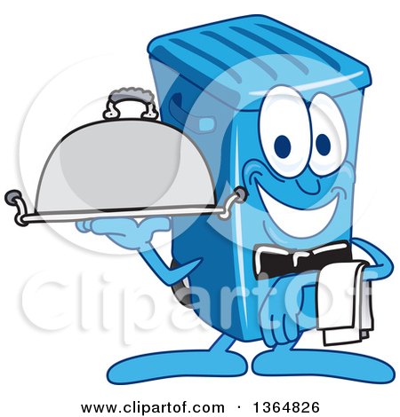 Clipart of a Cartoon Blue Rolling Trash Can Bin Mascot Waiter Holding a Cloche Platter - Royalty Free Vector Illustration by Mascot Junction
