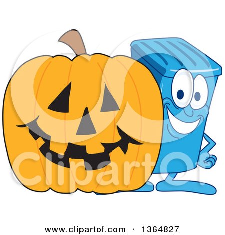 Clipart of a Cartoon Blue Rolling Trash Can Bin Mascot by a Halloween Jackolantern Pumpkin - Royalty Free Vector Illustration by Mascot Junction