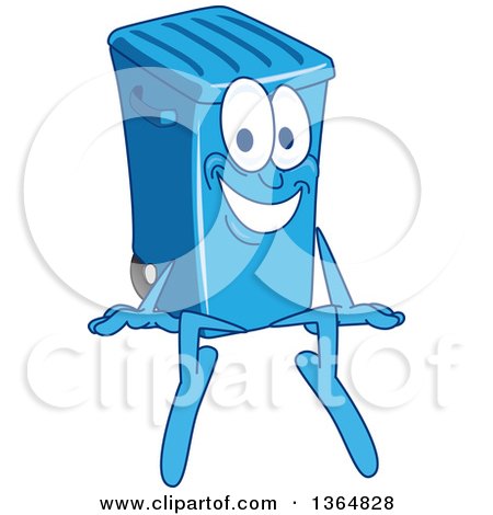 Clipart of a Cartoon Blue Rolling Trash Can Bin Mascot Sitting - Royalty Free Vector Illustration by Mascot Junction