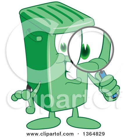 Clipart of a Cartoon Green Rolling Trash Can Bin Mascot Searching with a Magnifying Glass - Royalty Free Vector Illustration by Mascot Junction