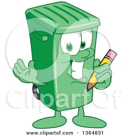 Clipart of a Cartoon Green Rolling Trash Can Bin Mascot Holding a Pencil - Royalty Free Vector Illustration by Mascot Junction