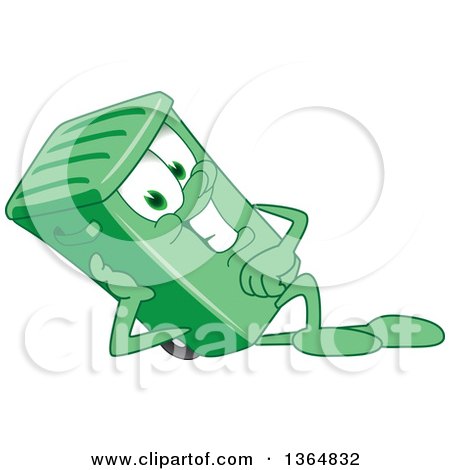 Clipart of a Cartoon Green Rolling Trash Can Bin Mascot Resting on His Side - Royalty Free Vector Illustration by Mascot Junction