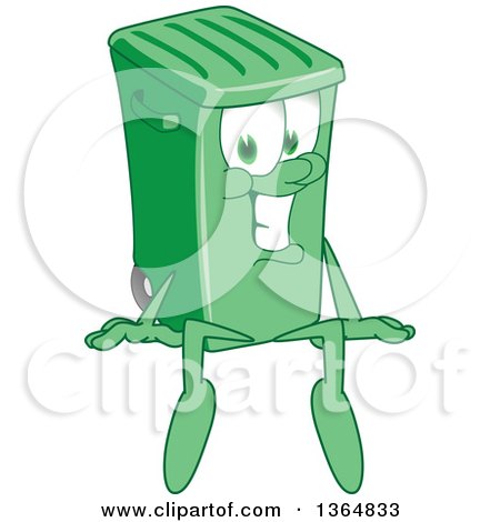Clipart of a Cartoon Green Rolling Trash Can Bin Mascot Sitting - Royalty Free Vector Illustration by Mascot Junction