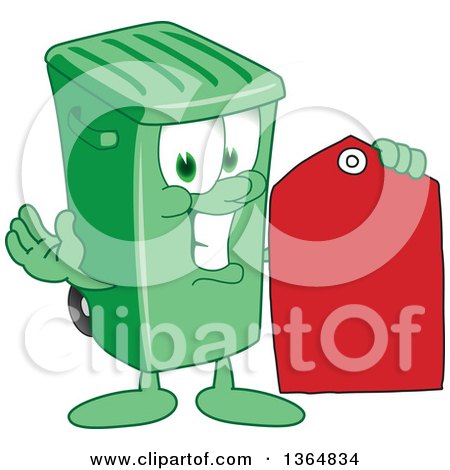 Clipart of a Cartoon Green Rolling Trash Can Bin Mascot Holding a Red Sales Price Tag - Royalty Free Vector Illustration by Mascot Junction