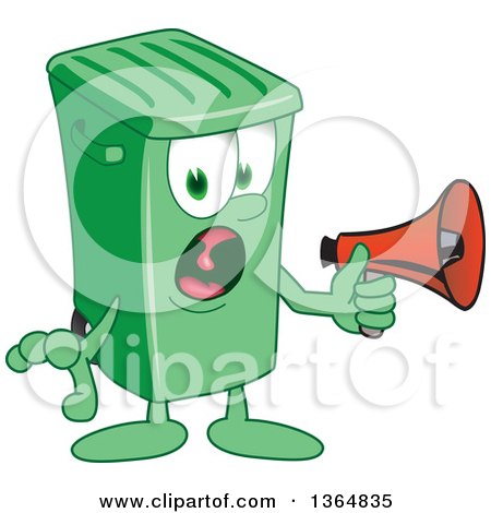 Clipart of a Cartoon Green Rolling Trash Can Bin Mascot Screaming into a Megaphone - Royalty Free Vector Illustration by Mascot Junction