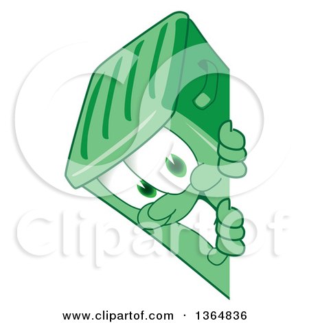 Clipart of a Cartoon Green Rolling Trash Can Bin Mascot Smiling Around a Sign - Royalty Free Vector Illustration by Mascot Junction