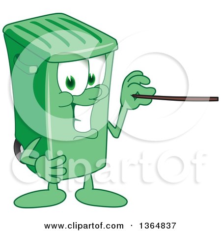Clipart of a Cartoon Green Rolling Trash Can Bin Mascot Using a Pointer Stick - Royalty Free Vector Illustration by Mascot Junction