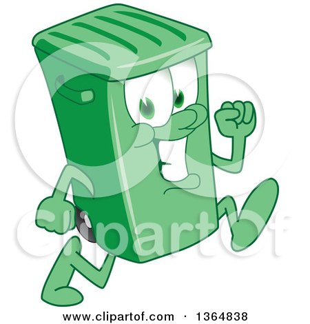 Clipart of a Cartoon Green Rolling Trash Can Bin Mascot Running - Royalty Free Vector Illustration by Mascot Junction