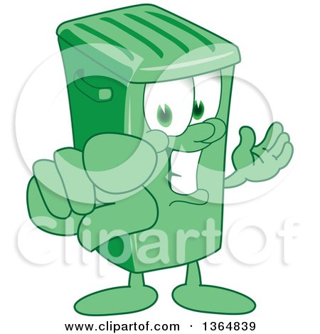 Clipart of a Cartoon Green Rolling Trash Can Bin Mascot Presenting and Pointing Outwards - Royalty Free Vector Illustration by Mascot Junction