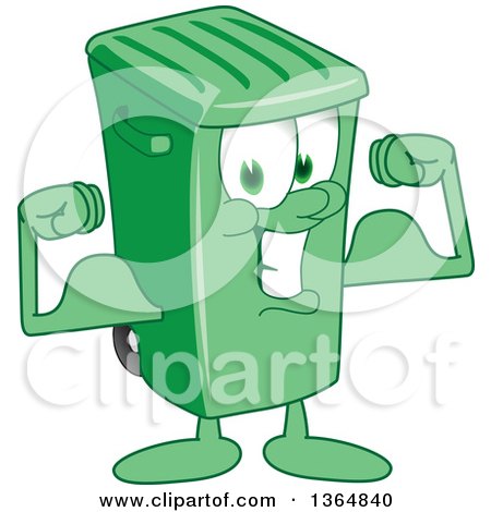 Clipart of a Cartoon Green Rolling Trash Can Bin Mascot Flexing - Royalty Free Vector Illustration by Mascot Junction