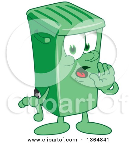 Clipart of a Cartoon Green Rolling Trash Can Bin Mascot Whispering - Royalty Free Vector Illustration by Mascot Junction