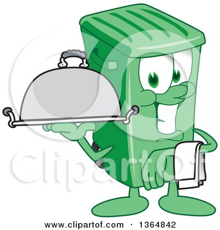 Clipart of a Cartoon Green Rolling Trash Can Bin Mascot Waiter Holding a Cloche Platter - Royalty Free Vector Illustration by Mascot Junction