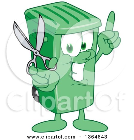 Clipart of a Cartoon Green Rolling Trash Can Bin Mascot Holding up a Finger and Scissors - Royalty Free Vector Illustration by Mascot Junction