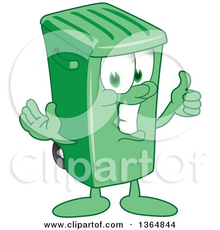Clipart of a Cartoon Green Rolling Trash Can Bin Mascot Giving a Thumb up - Royalty Free Vector Illustration by Mascot Junction