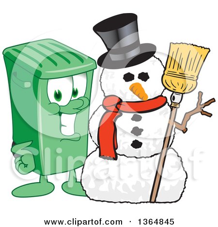 Clipart of a Cartoon Green Rolling Trash Can Bin Mascot with a Christmas Snowman - Royalty Free Vector Illustration by Mascot Junction