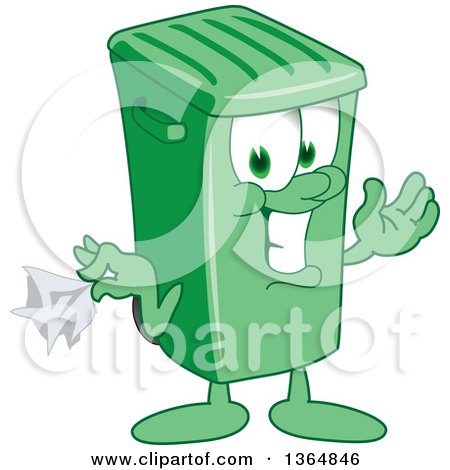 Clipart of a Cartoon Green Rolling Trash Can Bin Mascot Holding a Napkin or Hankie - Royalty Free Vector Illustration by Mascot Junction