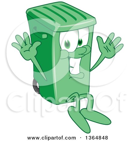 Clipart of a Cartoon Green Rolling Trash Can Bin Mascot Jumping - Royalty Free Vector Illustration by Mascot Junction