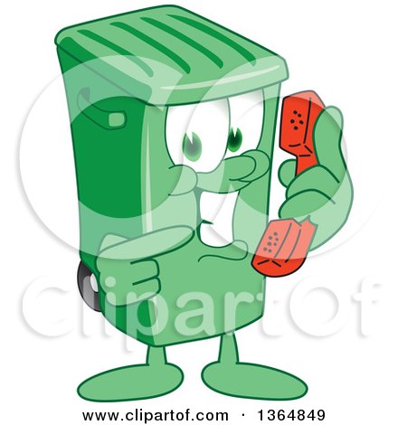 Clipart of a Cartoon Green Rolling Trash Can Bin Mascot Holding and Pointing to a Telephone - Royalty Free Vector Illustration by Mascot Junction