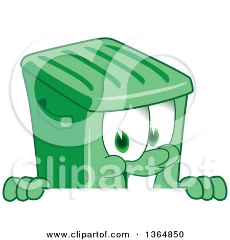 Clipart of a Cartoon Green Rolling Trash Can Bin Mascot Smiling over a Sign - Royalty Free Vector Illustration by Mascot Junction