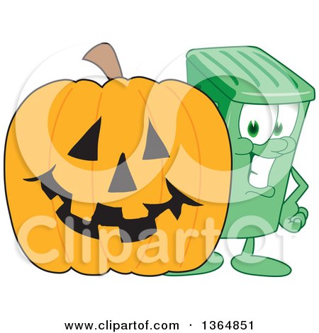 Clipart of a Cartoon Green Rolling Trash Can Bin Mascot by a Halloween Jackolantern Pumpkin - Royalty Free Vector Illustration by Mascot Junction
