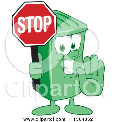 Clipart of a Cartoon Green Rolling Trash Can Bin Mascot Gesturing and Holding a Stop Sign - Royalty Free Vector Illustration by Mascot Junction
