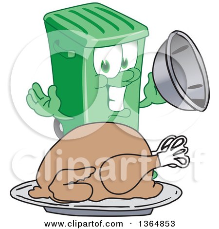 Clipart of a Cartoon Green Rolling Trash Can Bin Mascot Serving a Roasted Thanksgiving Turkey - Royalty Free Vector Illustration by Mascot Junction