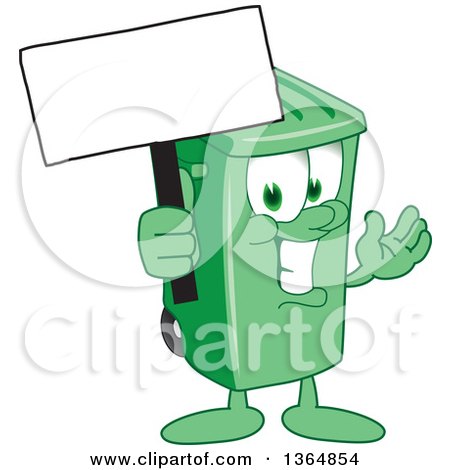 Clipart of a Cartoon Green Rolling Trash Can Bin Mascot Holding a Blank Sign - Royalty Free Vector Illustration by Mascot Junction