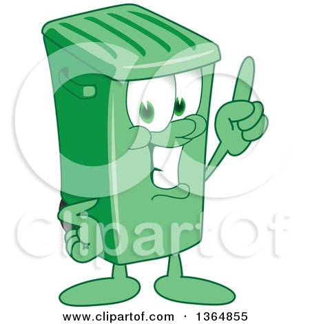 Clipart of a Cartoon Green Rolling Trash Can Bin Mascot Holding up a Finger - Royalty Free Vector Illustration by Mascot Junction