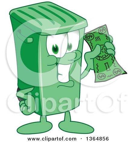 Clipart of a Cartoon Green Rolling Trash Can Bin Mascot Holding Cash Money - Royalty Free Vector Illustration by Mascot Junction